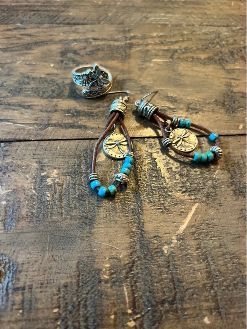 Boho Turquoise & Leather Dragonfly Earrings & Bypass Ring Set